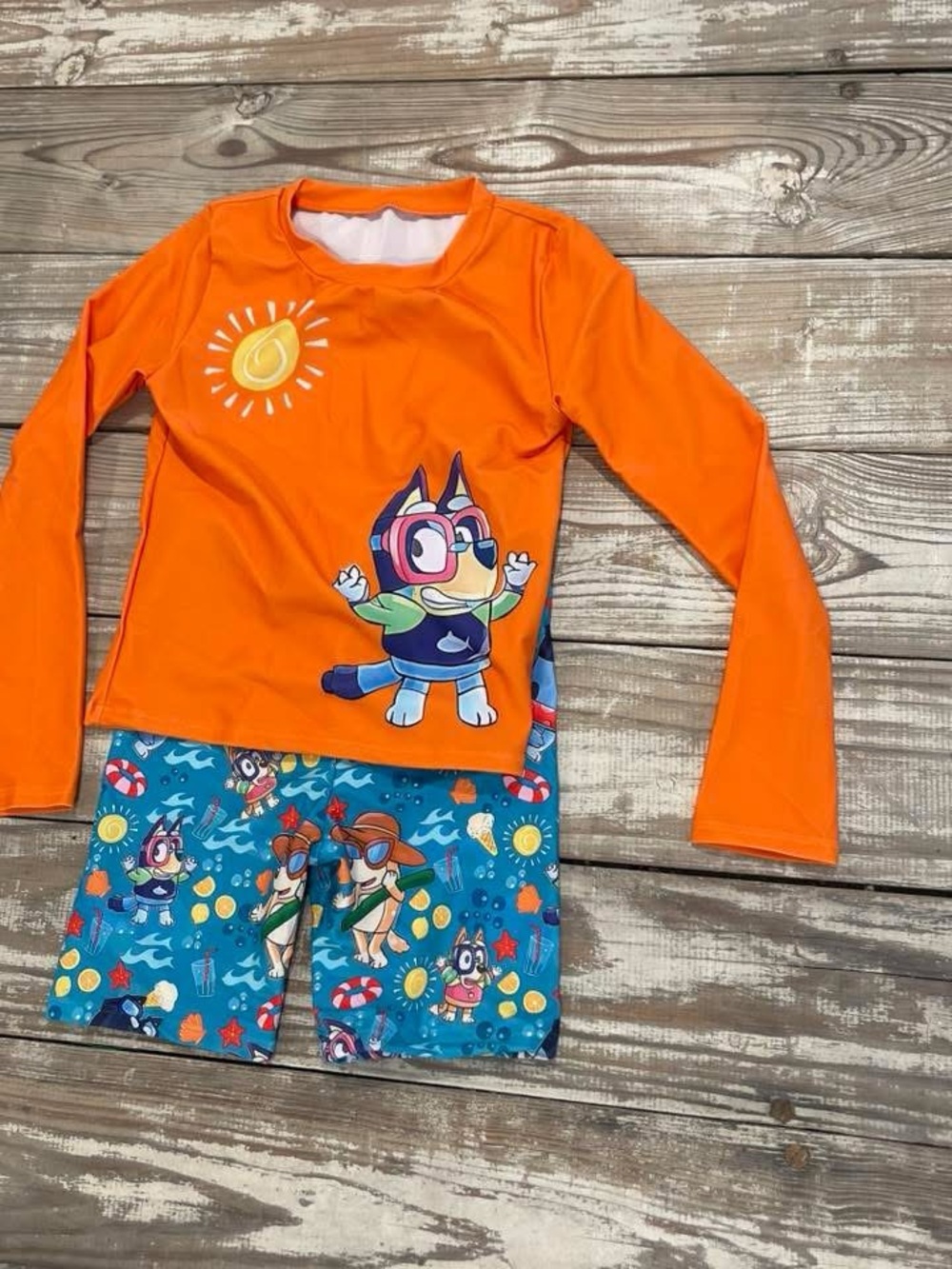 Kids Orange Long-Sleeve Rash Guard Set with Playful Character